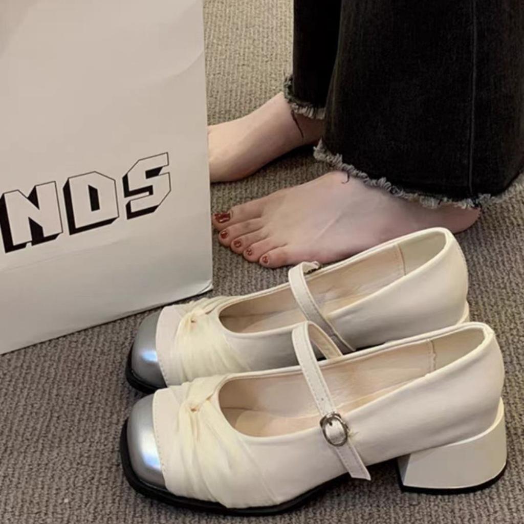 Mary Jane French fragrant high heels 2025 new high-end evening single shoes fashion leather shoes explosion beige thick heel