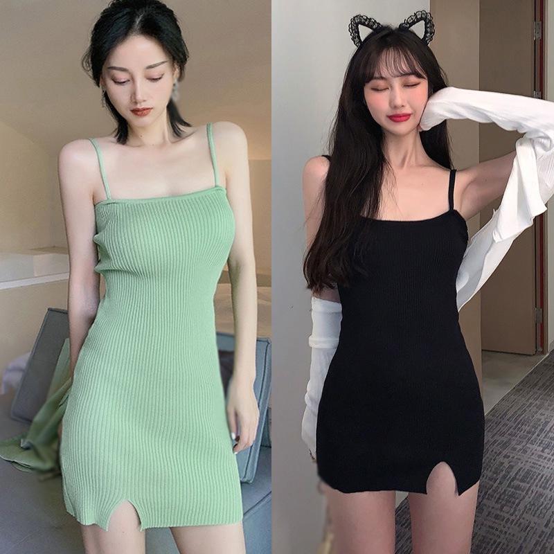 Women's Solid Split Slim Sleeveless Knitted Sling Dresses