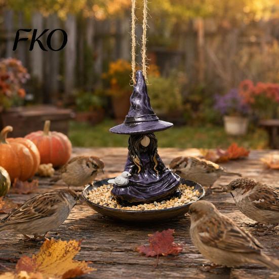 Wide Rim Bird Feeder Meditating Witch Feeder, Outdoor Hanging Deep Food Tray Waterproof Resin for Garden Decoration Spill-proof