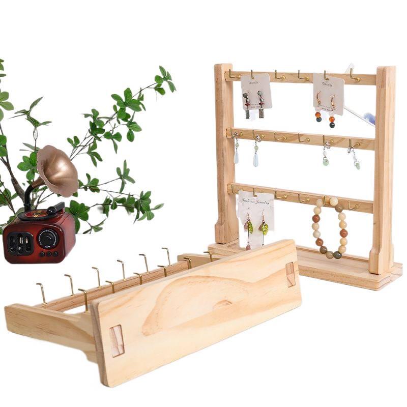 Solid Wood Jewelry Display Stand with Hooks - Earring, Lipstick, and Keychain Storage Rack