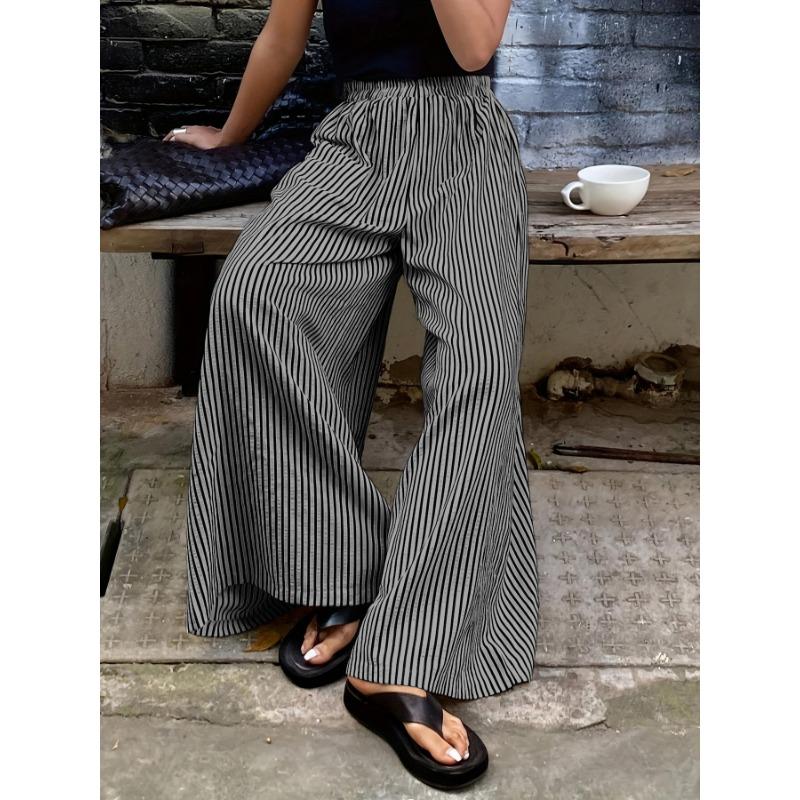 Fashion Striped Elastic Waist Straight Leg Wide Leg Pants Women Elegant Casual Loose Long Pants Spring Autumn Printed Simple Clothing