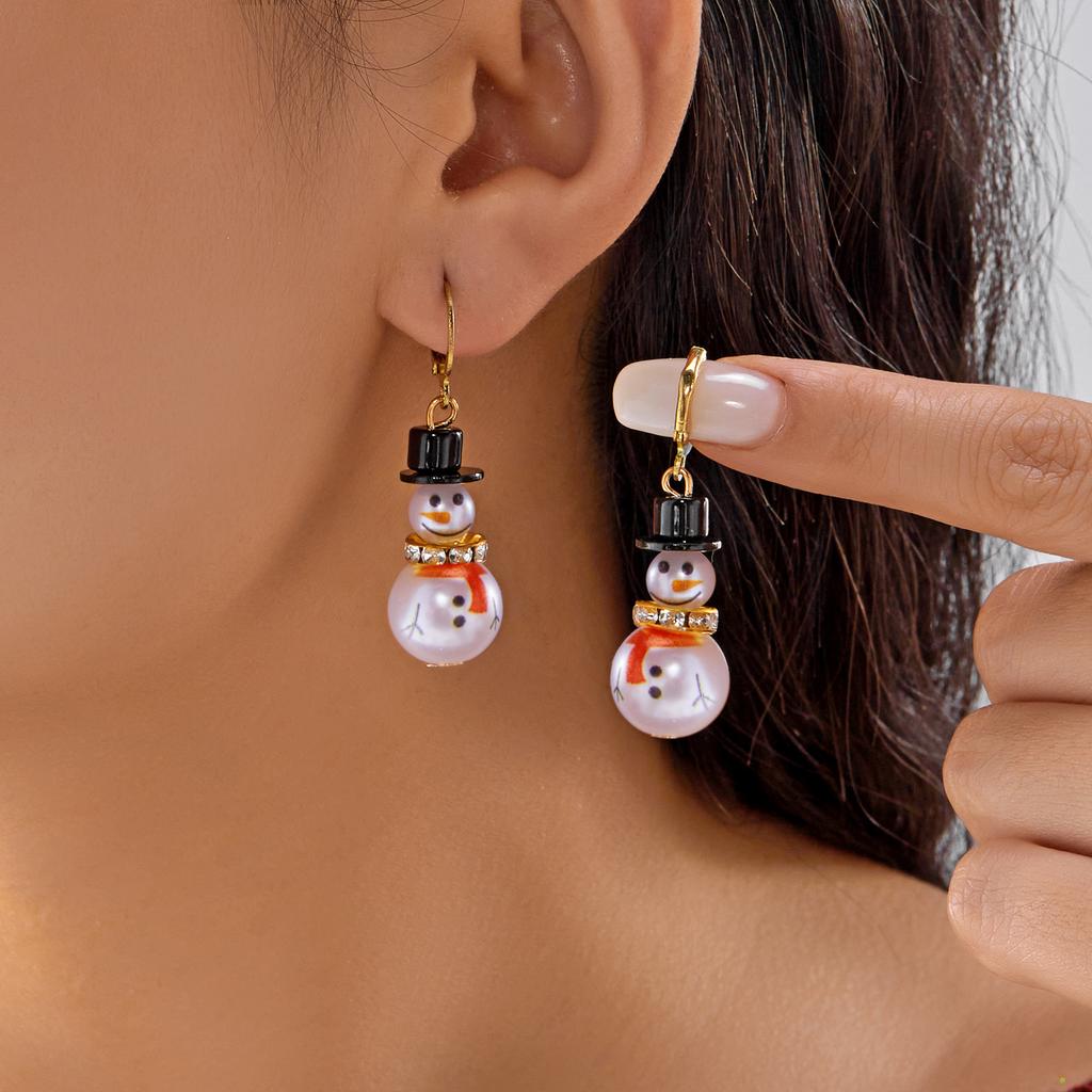 Trendy Christmas Snowman Drop Earrings for Women Light Luxury Imitation Pearl Crystal Snowflake Earrings New Year Party Jewelry