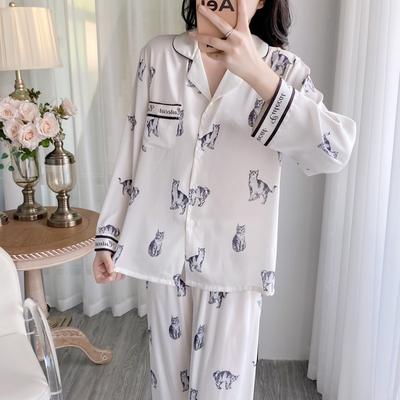 Cat Print Sweet Loose Long-sleeved Pants Pajamas Women's Spring and Autumn Loungewear Two-piece Set Real Shot Ice Silk
