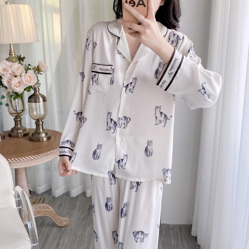 Cat print sweet loose long-sleeved pants pajamas women's spring and autumn loungewear two-piece set real shot ice silk