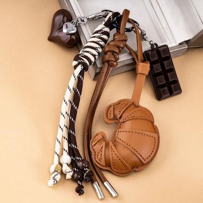 New Braided Rope Croissant Keychain Heart Chocolate Bag Pendant Leather Bread Shape Bag Charms Ornaments Bag Decoration