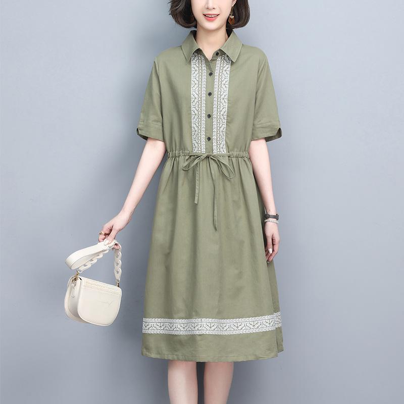 

Хлопково-льняное женское платье-рубашка миди класса люкс 2024 - Летняя мода однотонной расцветки M зелёный