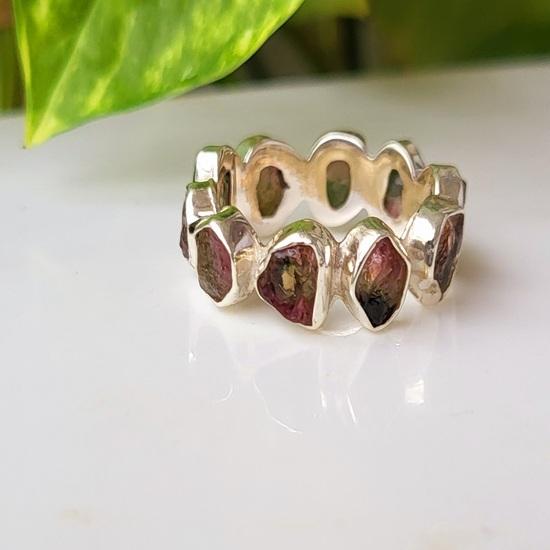 Natural Raw Bicolor Tourmaline Gemstone 925 Sterling Silver Eternity Ring 9 US