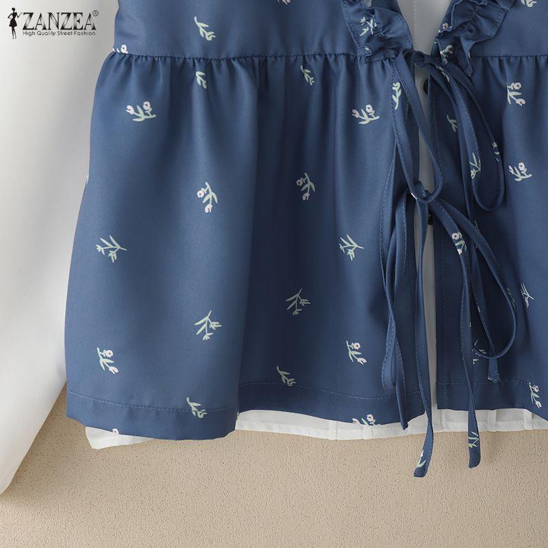 ZANZEA Women Casual Doll Collar Loose Long Sleeve Patchwork Blouse