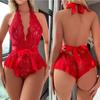 Sexy Crotchless Solid Underwear Women Lace Hollow Bra Set Erotic Costume  Baby Doll Dress Deep V Open Bra Sexy Lingerie Set