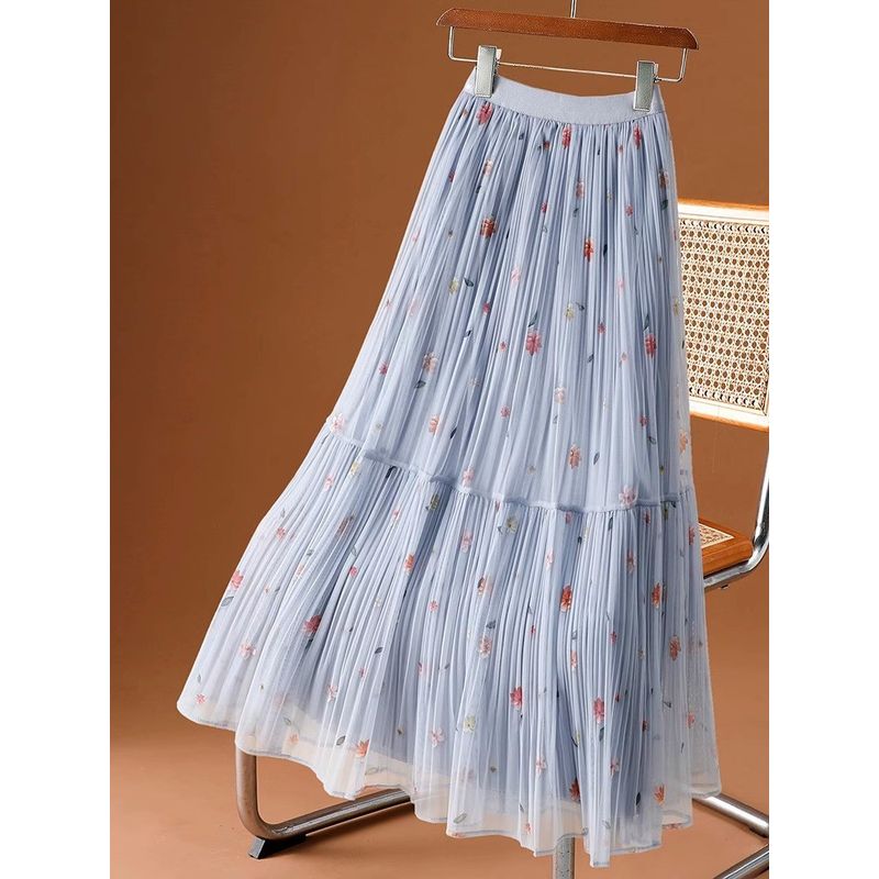 

Printed Elastic Waist Half Length Skirt Print Elastic Waist Half Body Long dress Women Blue One size