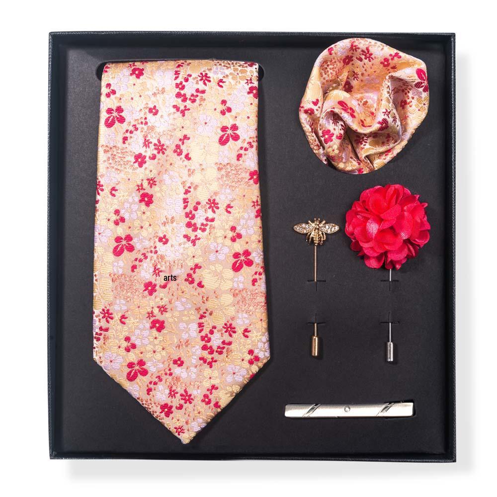 Paisley-Blumen-Krawatten-Geschenkset: Enthält Krawatte, Einstecktuch, Manschettenknöpfe, Ansteckblume und Krawattennadel in einer sechsteiligen Schachtel
