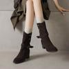 Krazing Pot Cow Suede Nubuck Winter Round Toe Modern Boots Med Heels Slip on Metal Rivets Women Mid-calf Boots