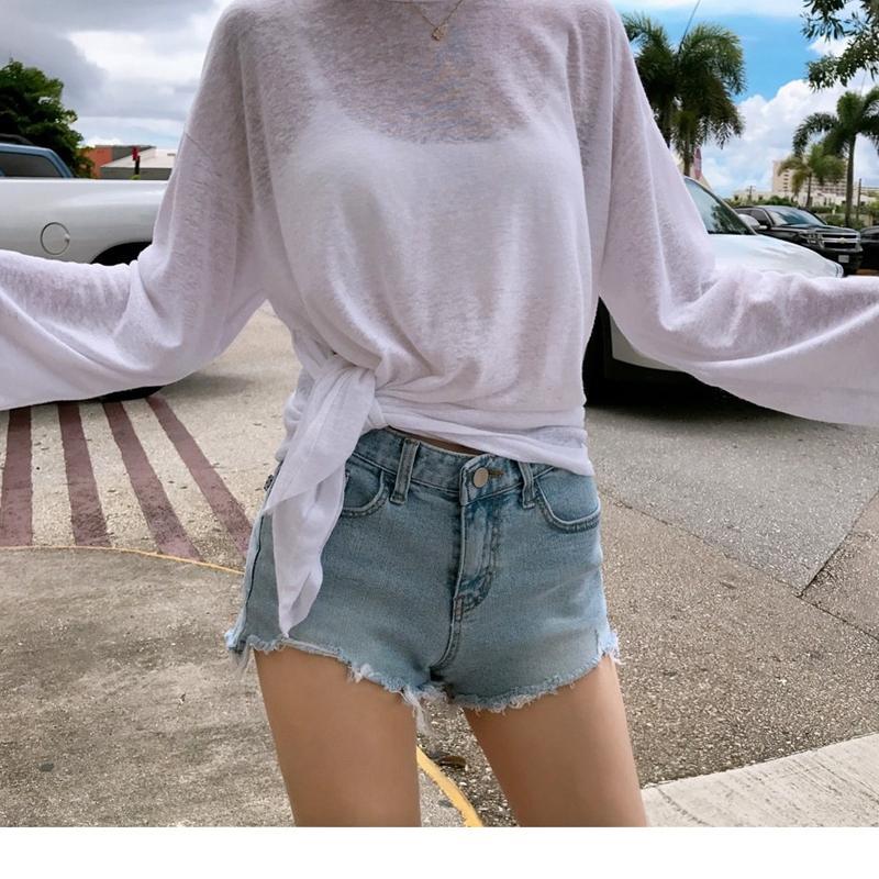 Fashion Long Sleeve Loose Sunscreen T-shirt for Women Split See Through Covers Up Loose Casual Thin Sexy Women Pullover T Shirt Strap Tee Top 2821