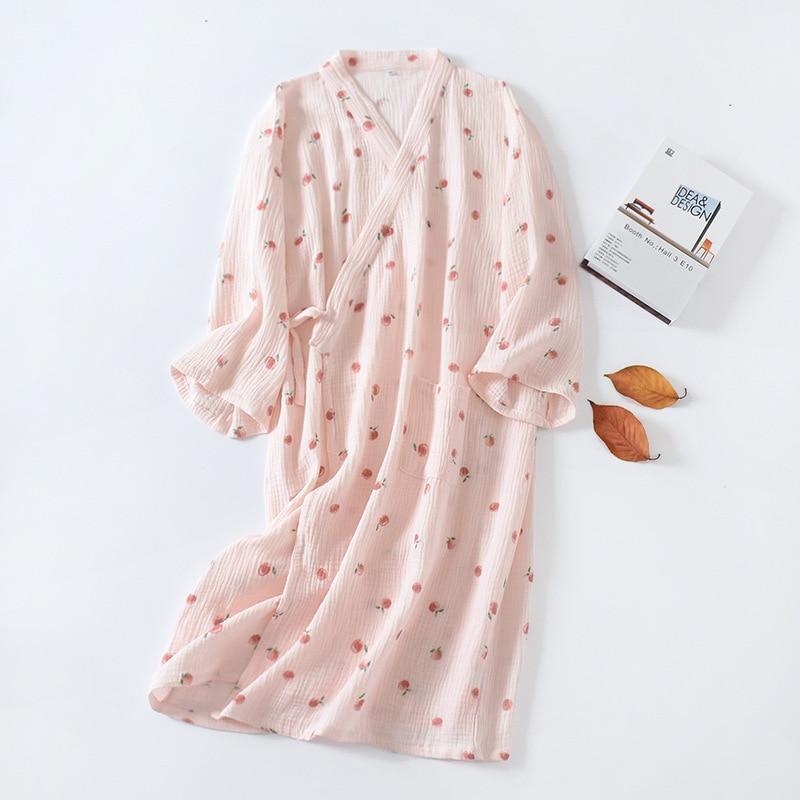 Japanese Kimono Spring and Autumn Ladies Cotton Crepe Cloth Nightgown Pajamas Bathrobe Household Clothes Spring and Summer Robe
