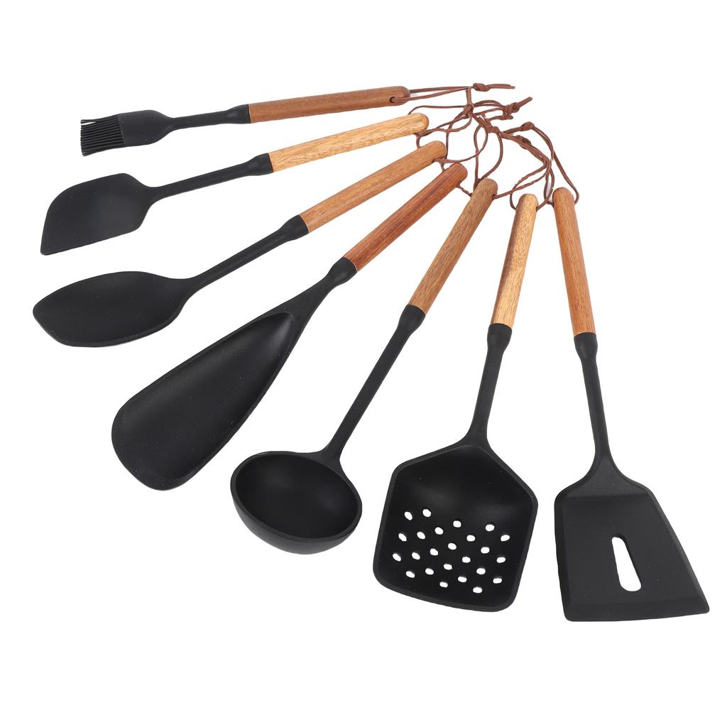 7PCS Kitchen Cooking Utensils Silicone Heat Proof Nonstick Cooking Spatula Turner Spoon Set with Wooden Handle for
