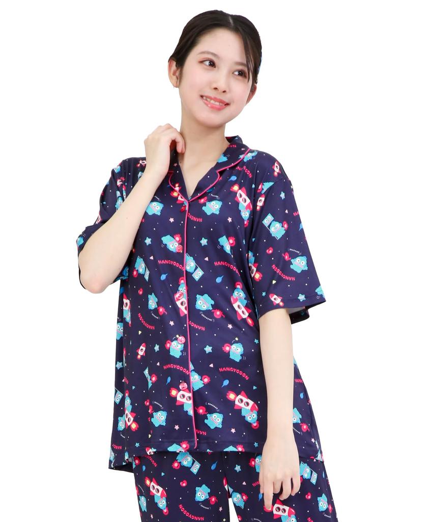 SAZAC Cosmic Hangyodon Shirt Powder Stretch Short Sleeve and Long Pants Loungewear Pajamas, Fabric, Women's Set, (Navy/L/SAN1953)