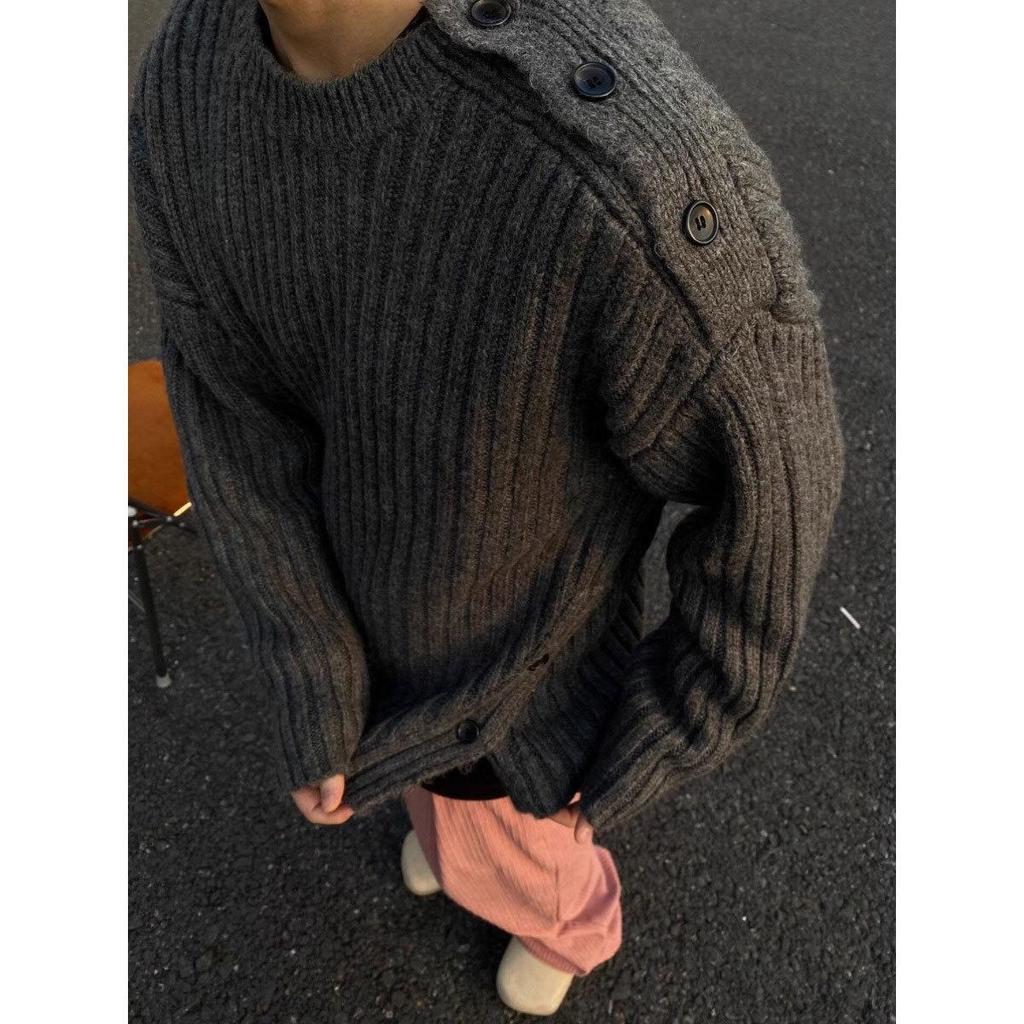 Heren geknoopte ronde hals donkergrijze trui - herfst/winter niche design gebreide jas