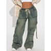 Pantaloni Cargo da Donna con Lacci Y2K Hip-hop Tuta Jeans Cargo Larghi a Gamba Larga