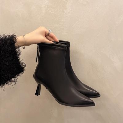 Fashion 2024 Pointed Toe Women Ankle Boots Fashion Elegant Soft  Pu Leather Shoes Thick Heel Women's Modern Short Booties