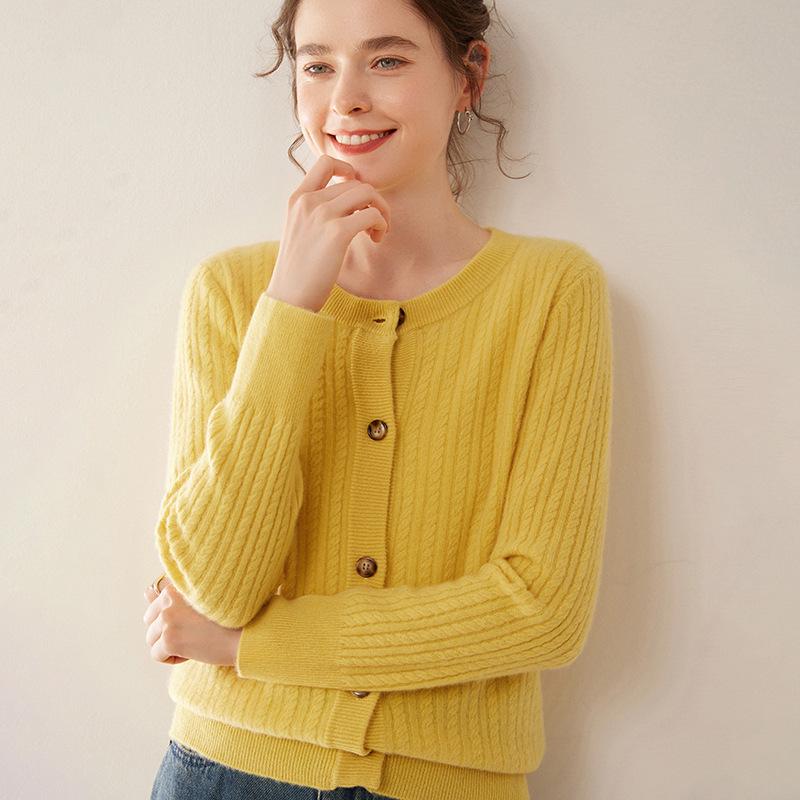 Women's Cable Knit Cashmere Cardigan - Round Neck, Single-Breasted, Fashionable & Warm Sweater Coat