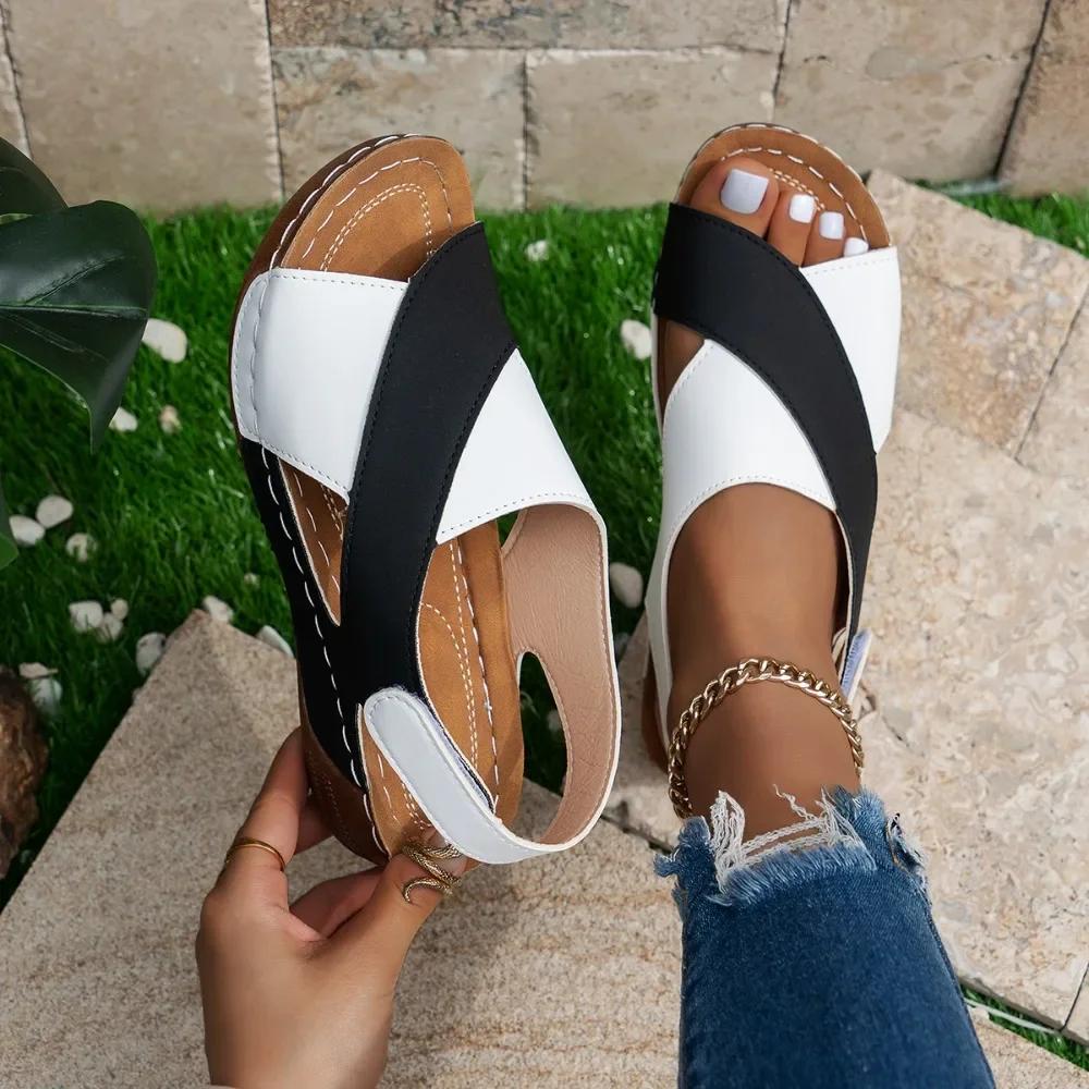 Mix Color Wedge Sandals for Women Summer 2024 Comfortable Non Slip Beach Shoes Woman PU Leather Platform Roman Sandalias Mujer