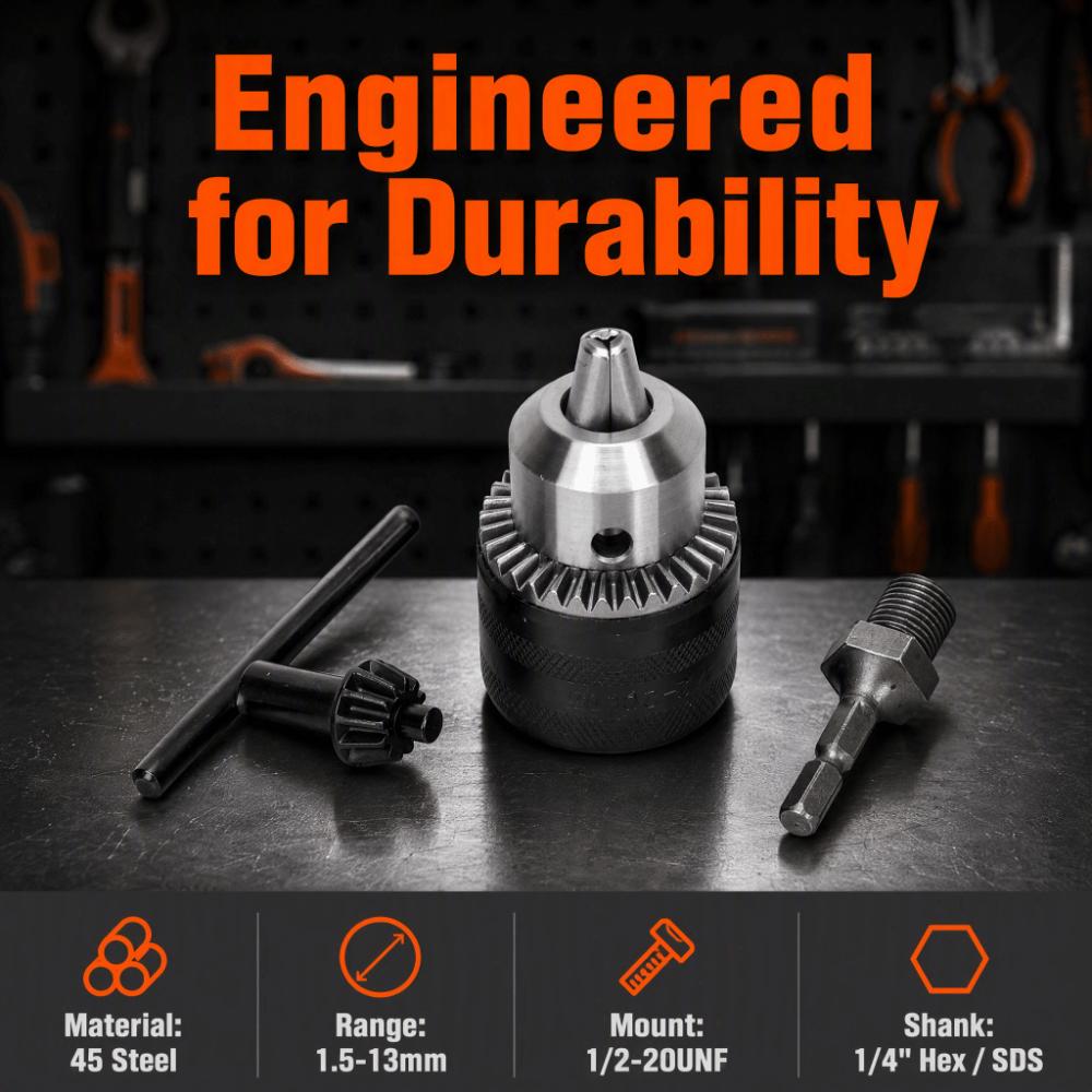 1/4" Hex Shank Keyed Drill Chuck 1/2-20UNF Mount Conversion Adapter Chuck For Fixing Drilling