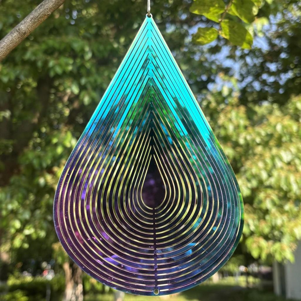 Colorful Silver Stainless Steel Raindrop Wind Spinner - 3D Foldable Ornament for Home and Balcony.