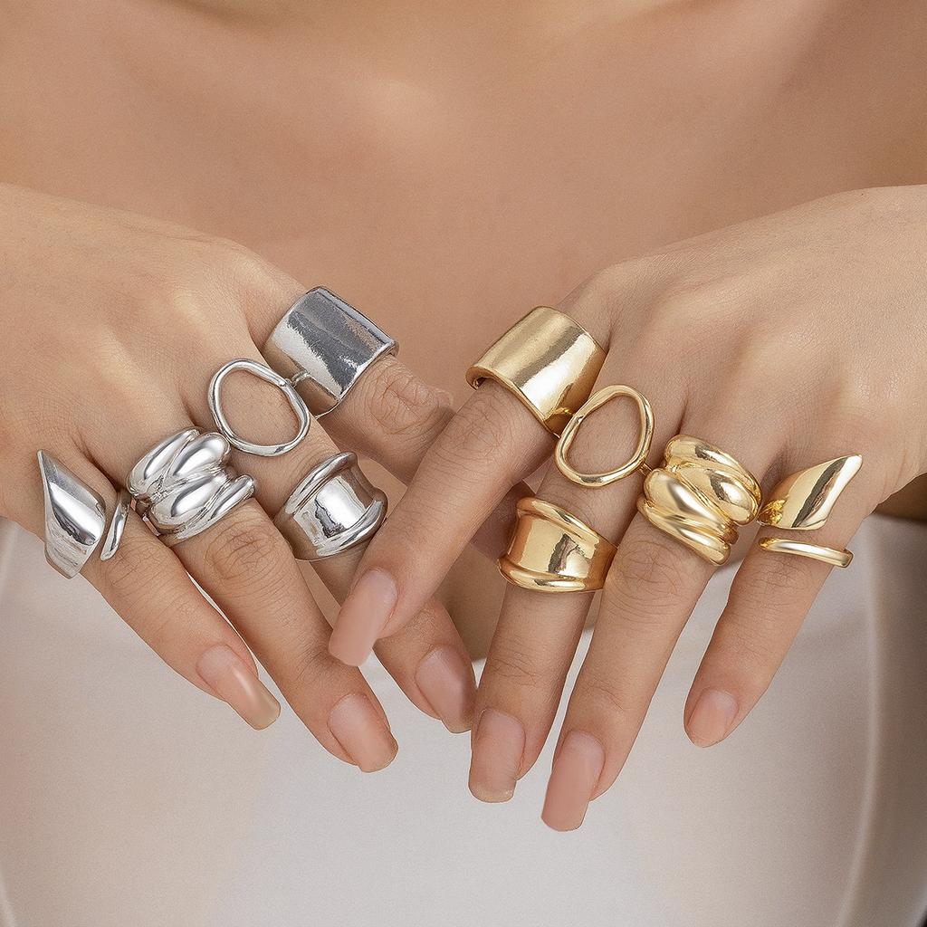 Irregular Smooth Opening Design Ring Set, Exaggerated Metal Wind Lava Retro Ring Rings