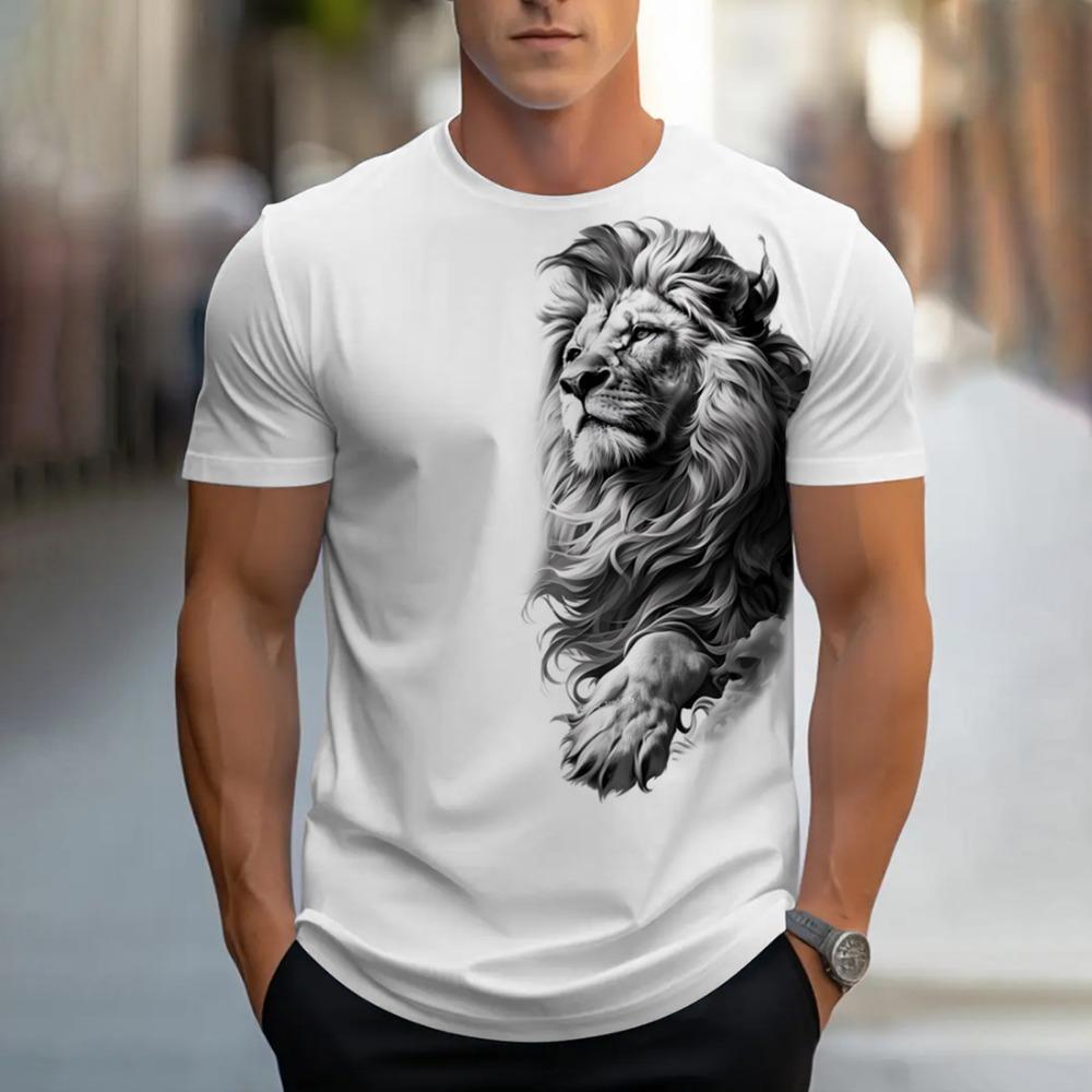 Men's Summer Fashion Lion T-shirt Men's Casual Breathable Short Sleeve Round Neck Printed Street Personalized Top