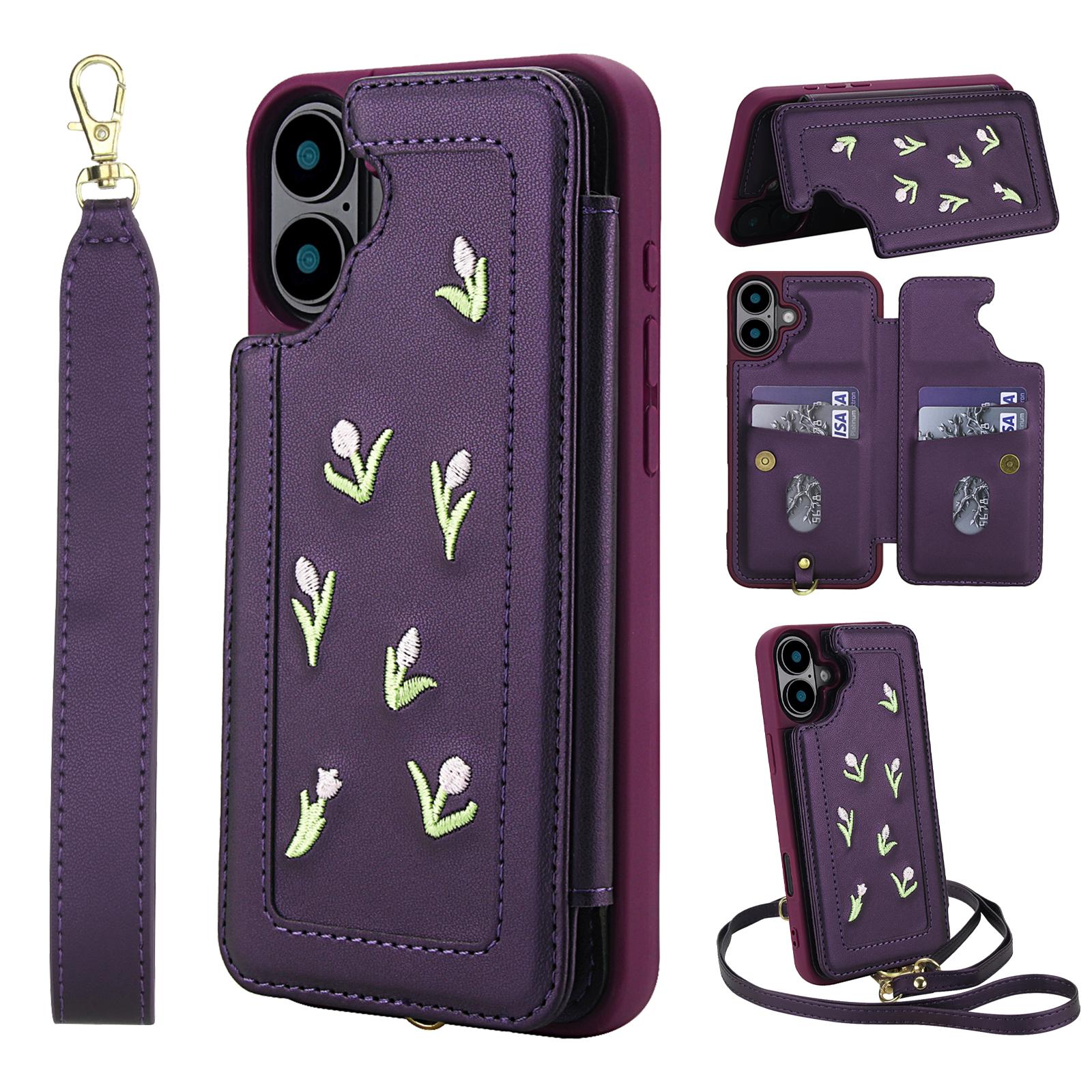 

For iPhone 16 Plus Case Embroidered Tulips PU Leather Card Holder Back Cover with Shoulder Strap/Wrist Strap D