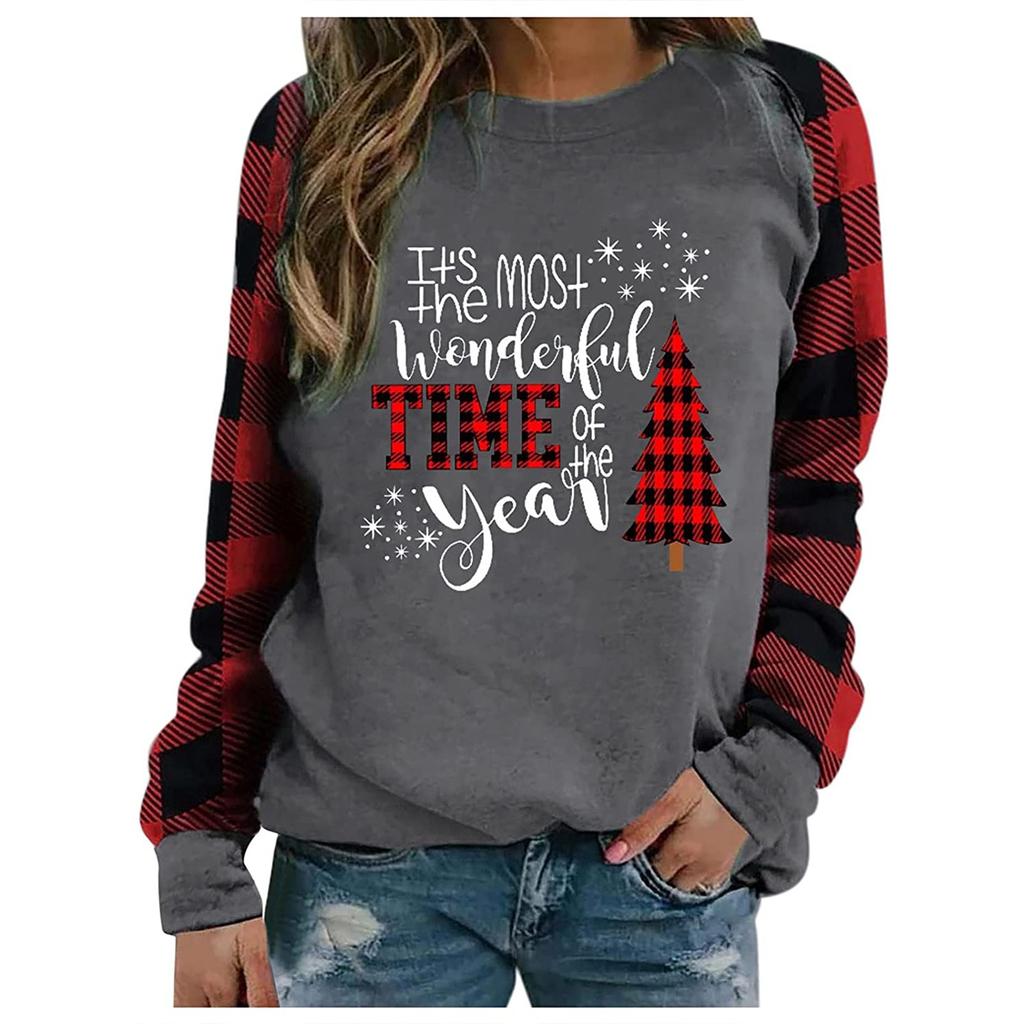 Women's Fashion Plaid Patchwork Christmas Print Round Neck Long Sleeve T-Shirt Top