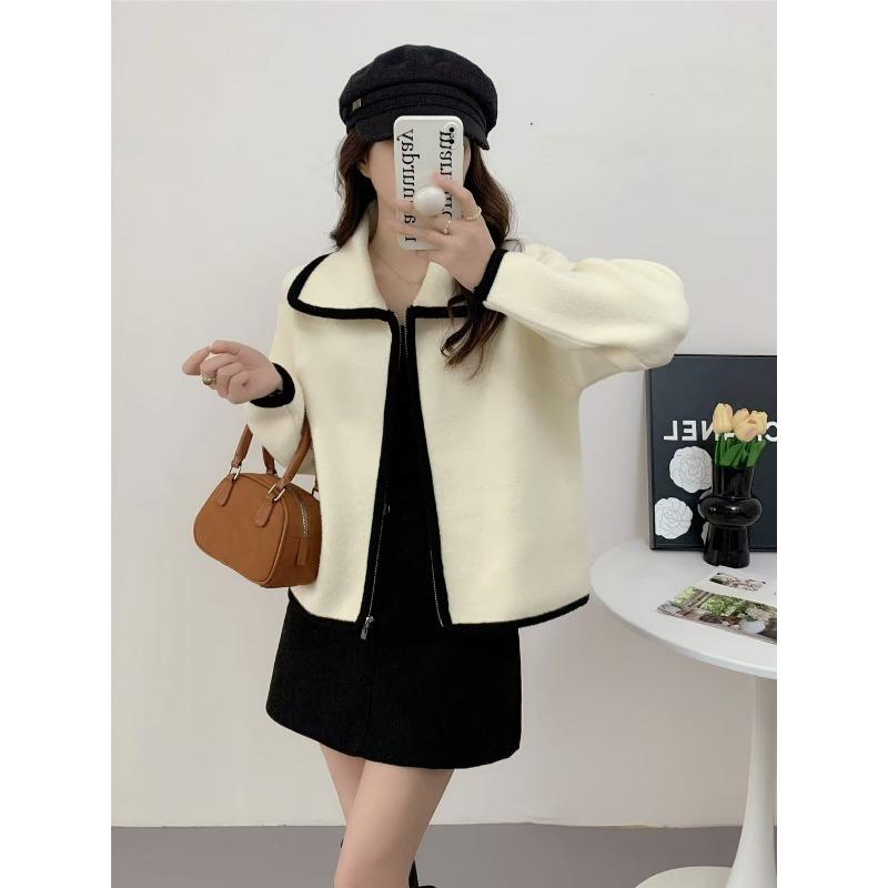 Spring New Zipper College Lapel Knitted Double-sided Woolen Cardigan Loose Soft Waxy Sweater Jacket Women
