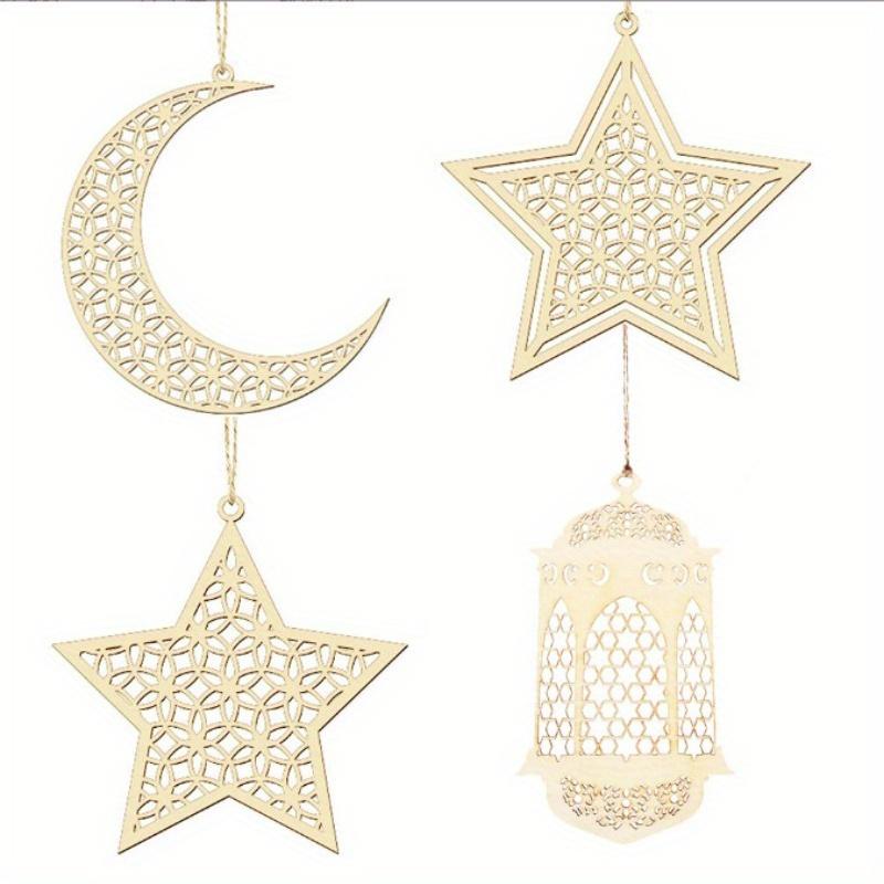 3Pcs Ramadan Wooden Ornaments Eid Mubarak Hanging Hollow Pendant Ramadan Party Wall Decorations Moon Star Lantern Shape Ornament for Muslim Islam
