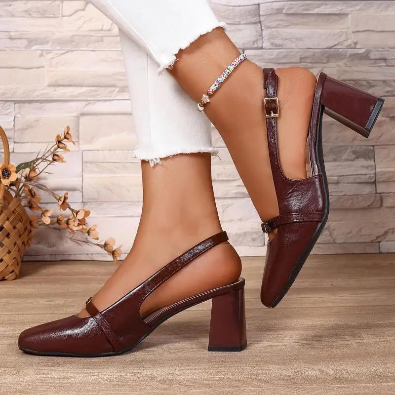 Fashion Retro Sling Back Pumps Women 2025 Summer Vintage Square Toe High Heel Pumps Elegant Metal Decoration Dress Party Sandals Women
