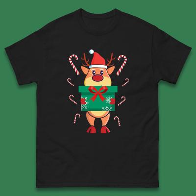 Santa Reindeer Holding Gift Box Rudolph Christmas Mens T Shirt Womens Tops Tees Candy Cane Top