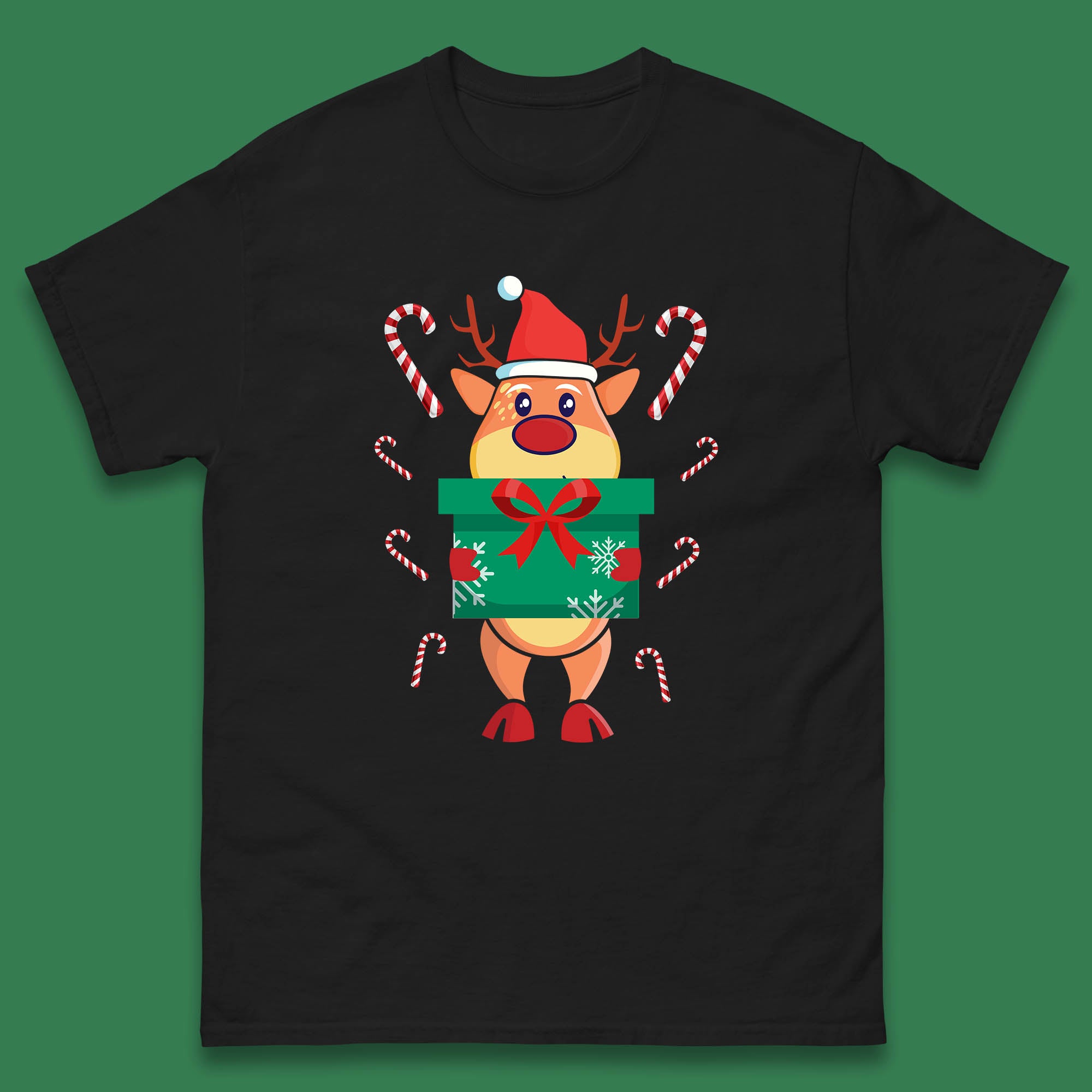 

Santa Reindeer Holding Gift Box Rudolph Christmas Mens T Shirt Womens Tops Tees Candy Cane Top M