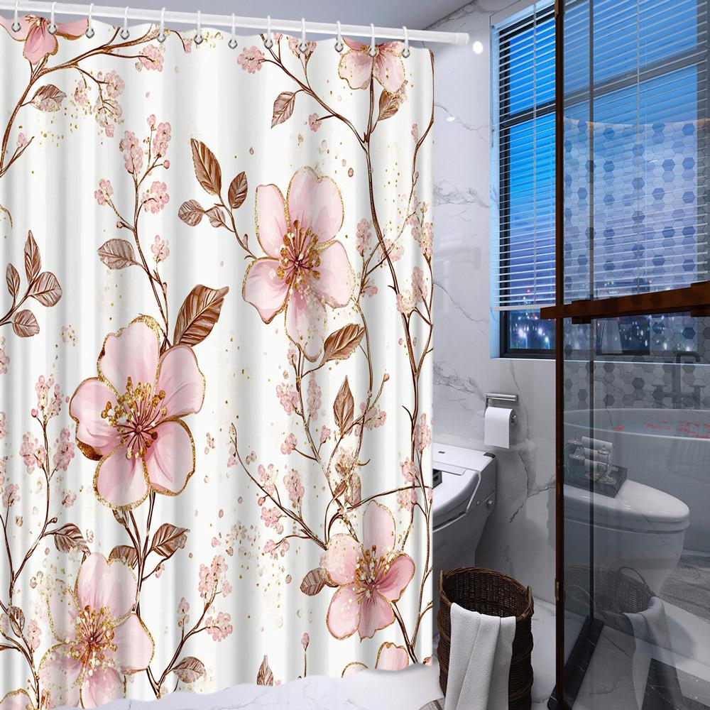 1 Vintage Floral Shower Curtain With Pink Blush Flowers And Gold Trim - Elegant Brown Branch Pattern, Polyester Fabric