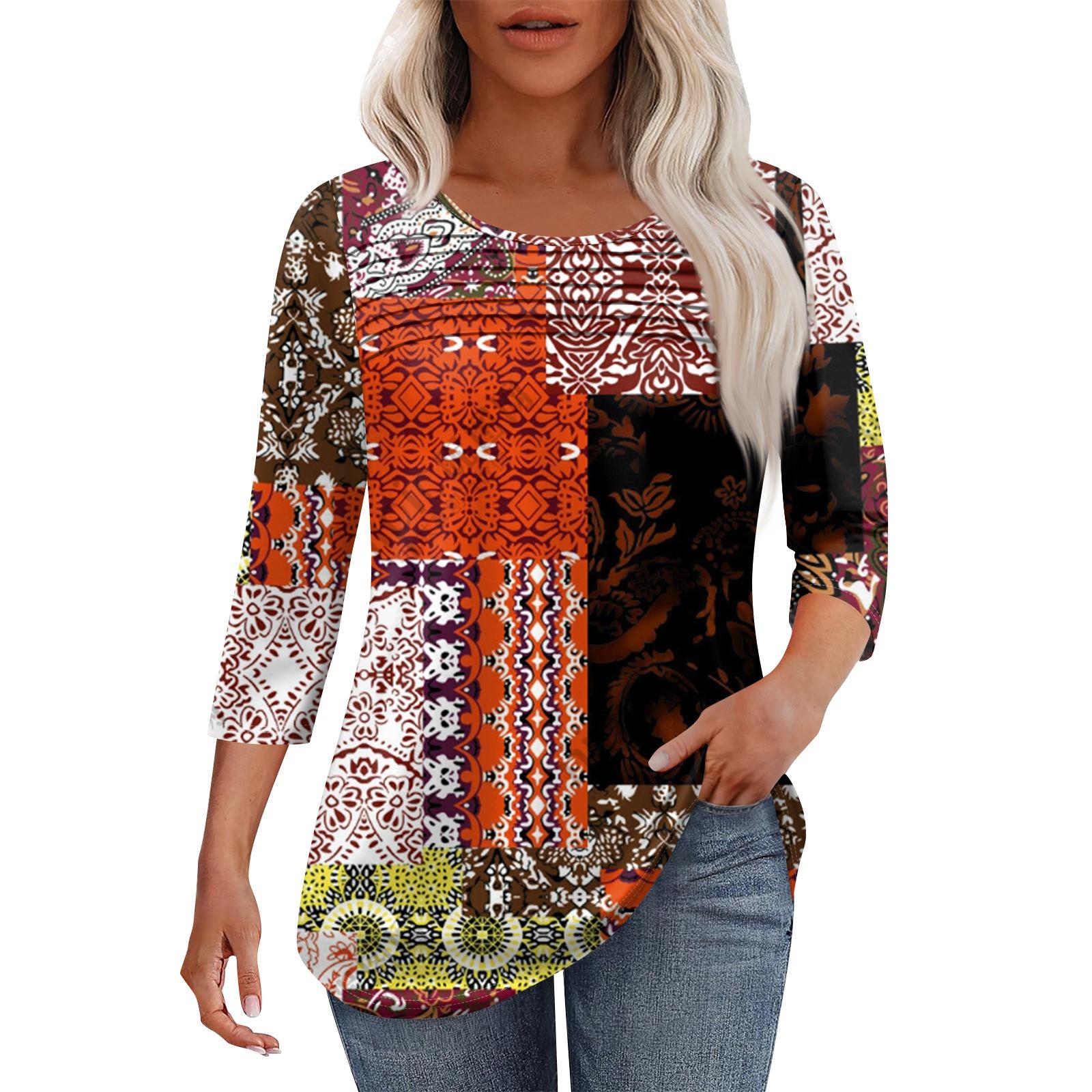 

Женская мода круглый вырез шея плиссированная передняя планка с принтом рукав 3/4 топ XL