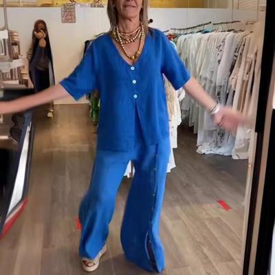 Summer Women's Suits & Sets Fashion Solid Color Casual Short Sleeved Button Slit Cotton Linen Pants Suits