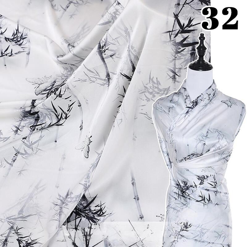 Chinese Landscape Painting Fabric Silk Stretch Satin Cloth for Cheongsam Hanfu DIY Sewing Craft Dress Stage Clothing Supplies