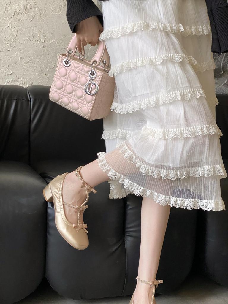 2025 autumn new shallow bow women's shoes flat-bottomed rhinestone buckle thick heel women's single shoes