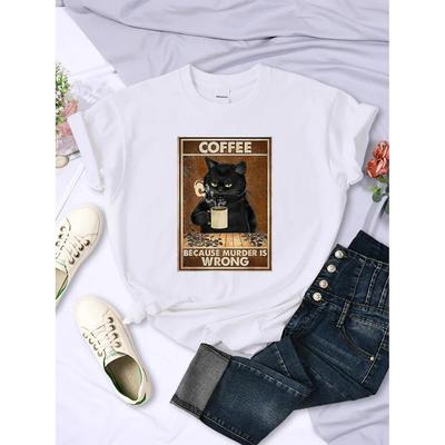 Because Murder Is Wrong Black Cat Drink Coffee Women Clothing O-Neck Vintage Short Sleeve Personality Casual Female T-Shirts