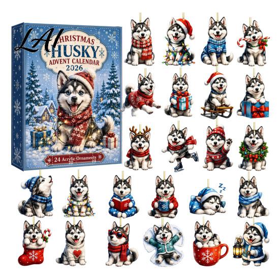 Holiday Countdown Collection Husky Christmas Advent Calendar 2026 with 24 Unique Acrylic Pendants for Tree Decorations Party Favor Cute Dog