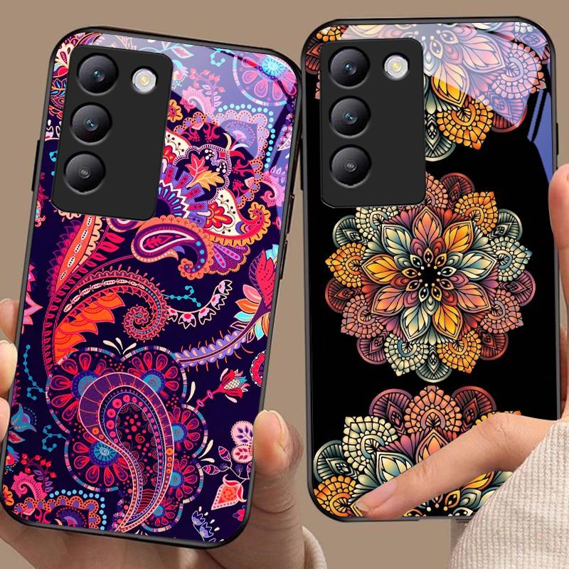 Kolorowy Totem Kwiatowy Dla Y72 33S 11 03 36 96 Lite 35 16 Iqoo 12 V40 SE 5G 29 40 21 30 X80 Pro Vivo Etui na Telefon ze Szkła Hartowanego