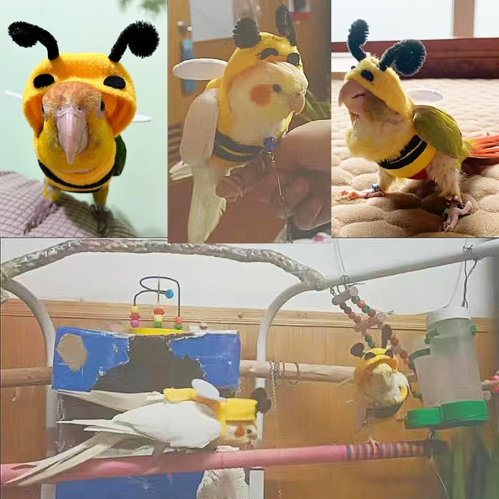 Anelekor Halloween Pet Birds Costume Small Animals Clothes Birds Cosplay Outfit Bee Shaped Hoodies for Parrots n Greys Parakeet Cockatiel Sun Conure