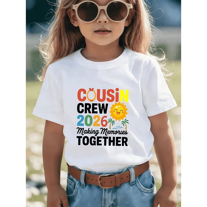 Girls Crew Neck Short Sleeve T-Shirt with Sun, Coconut Tree & Fun Letter Print 110 белый