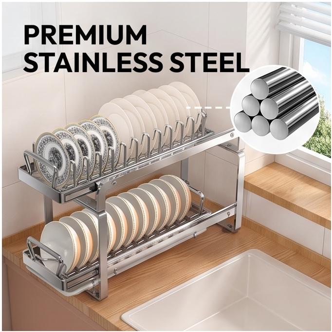 Premium Stainless Steel Pull Out Dish Rack Kitchen Cabinet Drawer Bowl Plate Drying Multi Size Storage Organizer