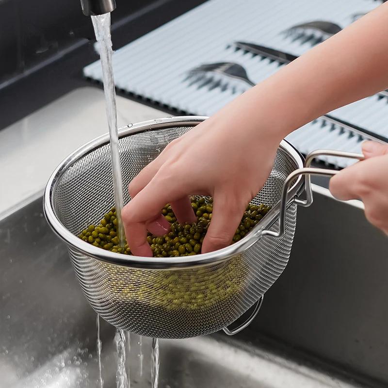 Deep Large Stainless Steel Food Filter Colander D Shape Flour Sieve Long Handle Cooking Pasta Strainer for Vegetables Kitchen