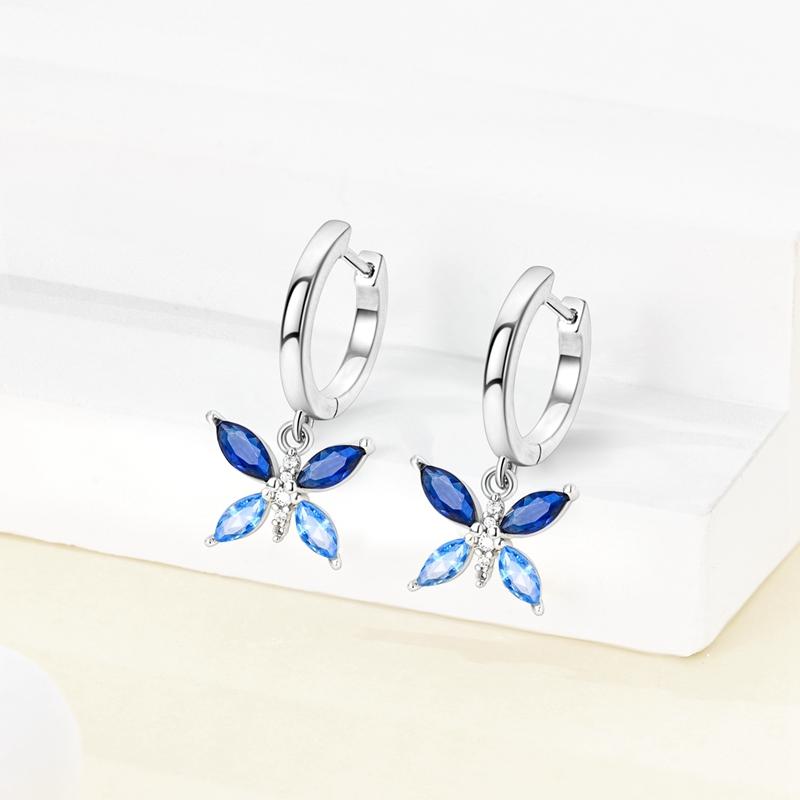 Original Butterfly Hoop Earrings for Women Sparkling Pave Colorful Zircon Blue Pink Purple Heart Wedding Drop Earring