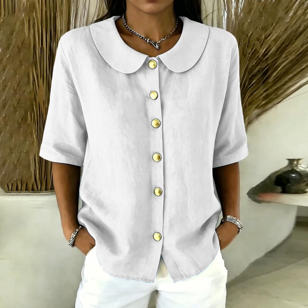 Women Button Front Short Sleeve Shirt Elegant Collar Blouse Casual Loose Fit Summer Top Lightweight Breathable Fabric